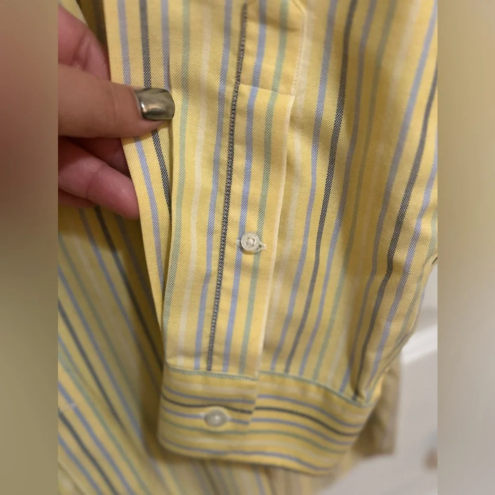 NWOT Men’s LAND END Supima‎ Non Iron Oxford Yellow Striped Dress Shirt. 17.5-34.